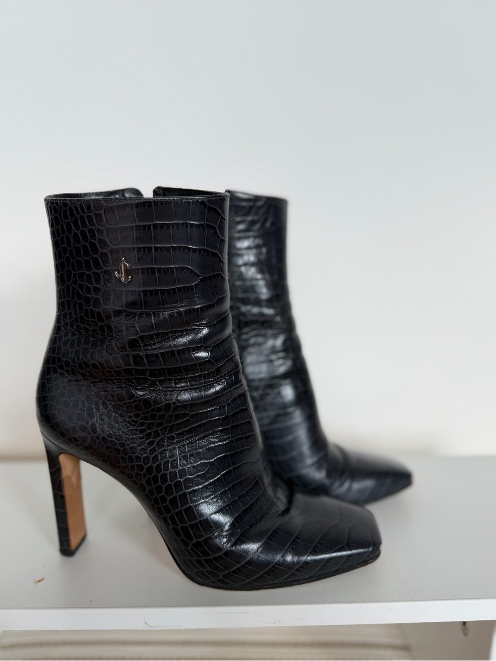Jimmy Choo Dark Blue Croc-Embossed Pointed Ankle Boots $199 ($950)